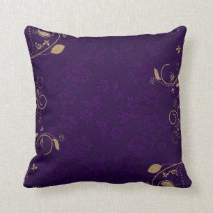 Dark Royal Purple with Gold Scroll Throw Pillow