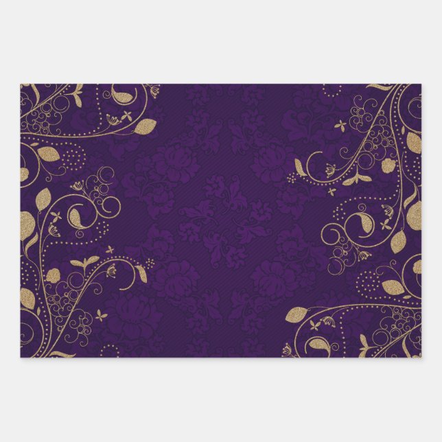 Dark Royal Purple with Gold Scroll Wrapping Paper Sheets (Front)