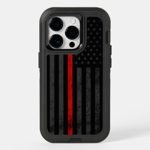 Dark  Rugged  Fire Fighter Red Line Flag OtterBox iPhone 14 Pro Case