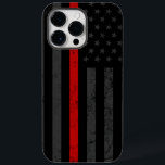 Dark & Rugged Style | Thin Red Line Fire Rescue Case-Mate iPhone 14 Pro Max Case<br><div class="desc">An iPhone OtterBox case featuring a dark and distressed style Firefighter flag with a vibrant red line running through the center of it. In the background is a faded dark American flag which is subtle enough to fly under the radar, but vivid enough to be a clear show of patriotism....</div>