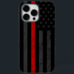 Dark & Rugged Style | Thin Red Line Fire Rescue Case-Mate iPhone 14 Pro Max Case<br><div class="desc">An iPhone OtterBox case featuring a dark and distressed style Firefighter flag with a vibrant red line running through the center of it. In the background is a faded dark American flag which is subtle enough to fly under the radar, but vivid enough to be a clear show of patriotism....</div>