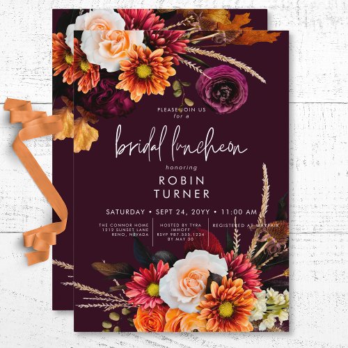 Dark Russet Boho Floral Burgundy Bridal Luncheon Invitation