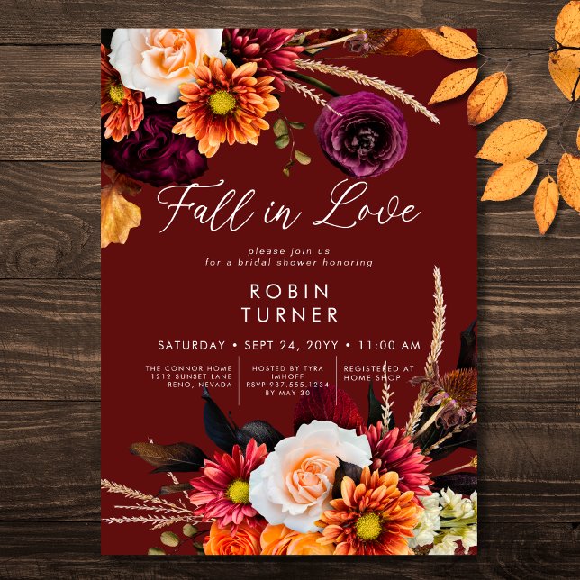 Dark Russet Boho Floral Fall In Love Bridal Shower Invitation (Dark Russet Boho Floral Fall In Love Bridal Shower Invitation)