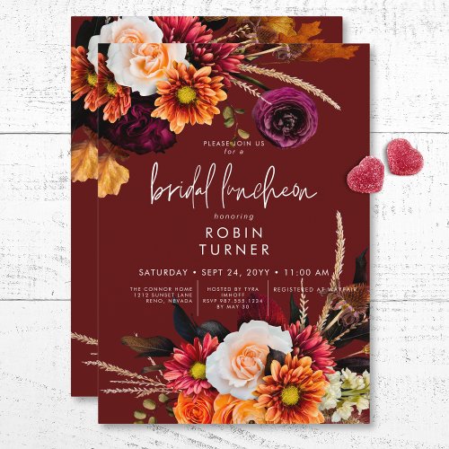 Dark Russet Boho Floral Rust Bridal Luncheon Invitation