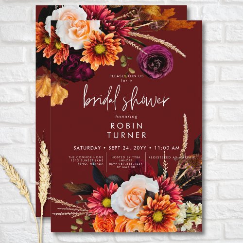 Dark Russet Boho Floral Rust Bridal Shower Invitation