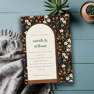 Dark Rust Orange Groovy Retro Arch Floral Wedding Invitation