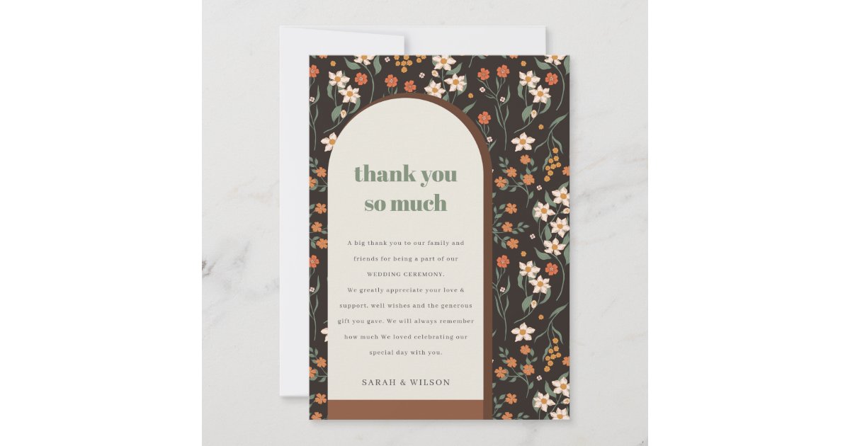 Dark Rust Orange Groovy Retro Arch Floral Wedding Thank You Card | Zazzle