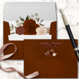 Dark Rust Orange Watercolor Floral Elegant Wedding Envelope
