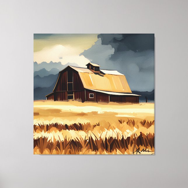 Dark Rustic Barn & Wheat Field Watercolor Canvas Print (Front)