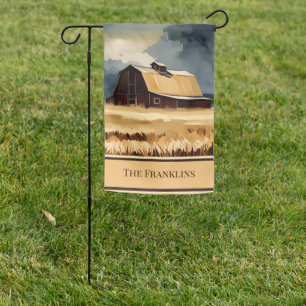 Dark Rustic Barn & Wheat Field Watercolor Garden Flag