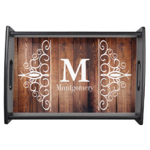 Dark Rustic Barn Wood White Scrolls - Personalized Serving Tray