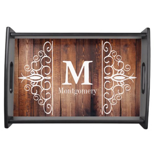 Dark Rustic Barn Wood White Scrolls _ Personalized Serving Tray