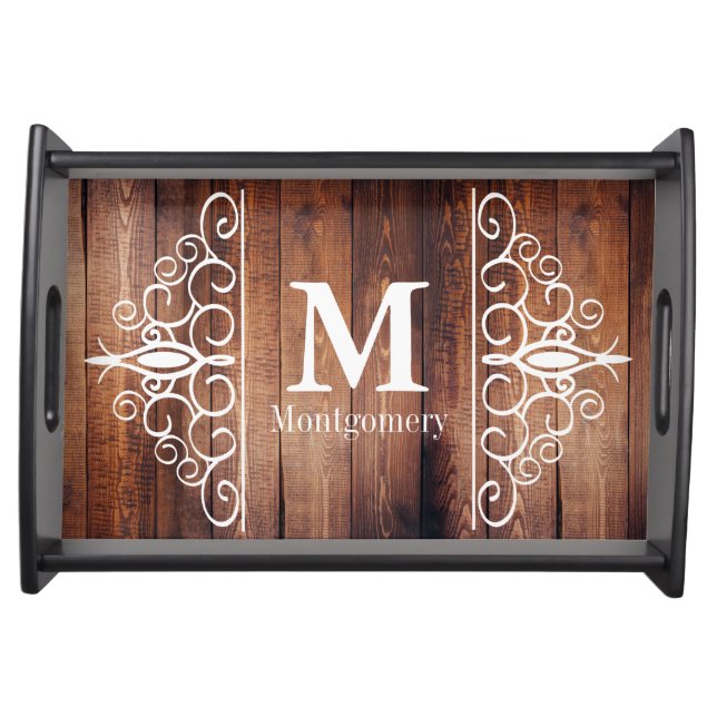 Dark Rustic Barn Wood White Scrolls - Personalized Serving Tray (Front)