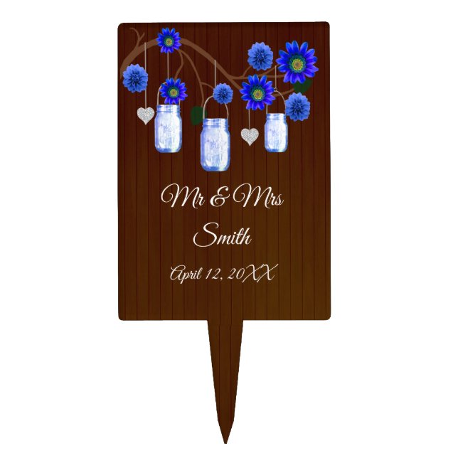 Dark Rustic Blue Floral Mason Jars Cake Topper (Front)