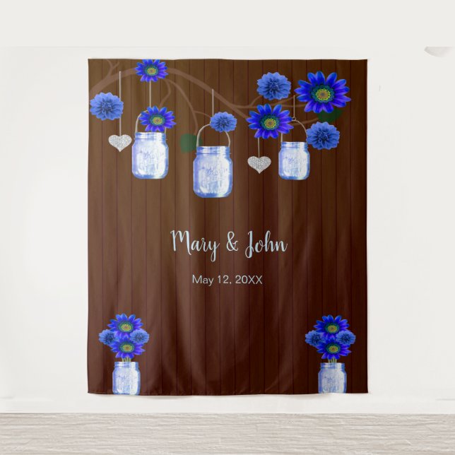 Dark Rustic Blue Floral Mason Jars Photo Backdrop (Front)