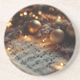 Dark Rustic Christmas Musical Notes Round Coaster