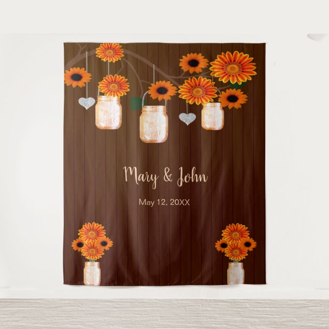 Dark Rustic Orange Floral Mason Jar Photo Backdrop (Front)