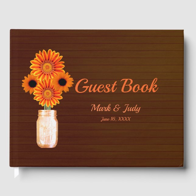 Dark Rustic Orange Floral Mason Jar Wedding Guest Book (Front)