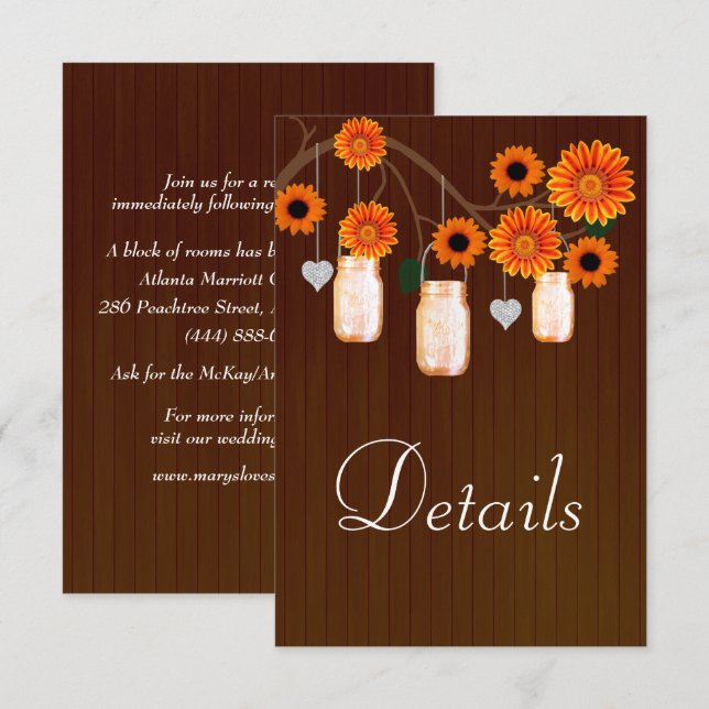 Dark Rustic Orange Floral Mason Jars Details Enclosure Card (Front/Back)