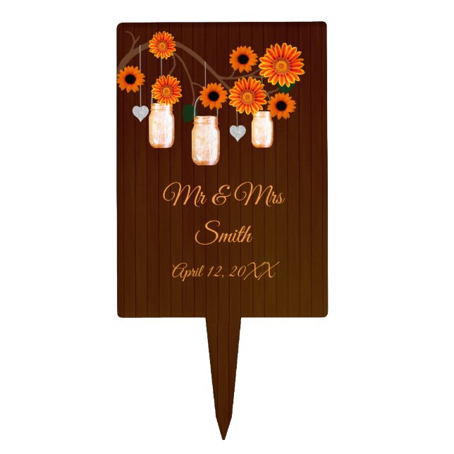 Dark Rustic Orange Floral Mason Jars Wedding Cake Topper (Front)