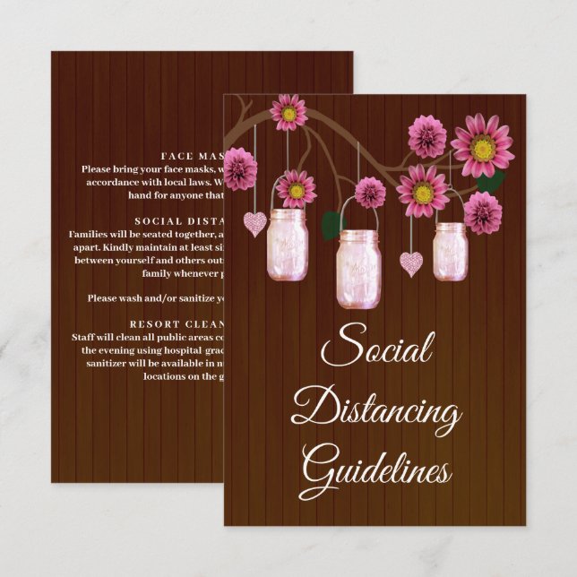 Dark Rustic Pink Floral Mason Jar Safety Measures Enclosure Card (Front/Back)