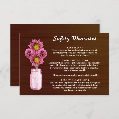 Dark Rustic Pink Floral Mason Jar Safety Measures Enclosure Card
