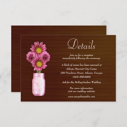 Dark Rustic Pink Floral Mason Jar Wedding Details Enclosure Card