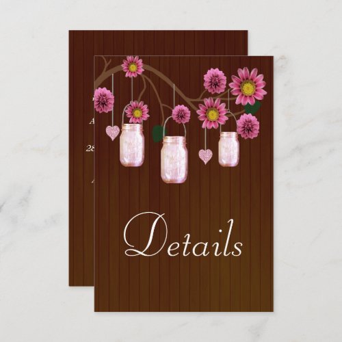 Dark Rustic Pink Floral Mason Jars Wedding Details Enclosure Card