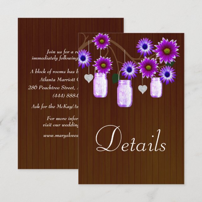 Dark Rustic Purple Floral Mason Jars Details Enclosure Card (Front/Back)