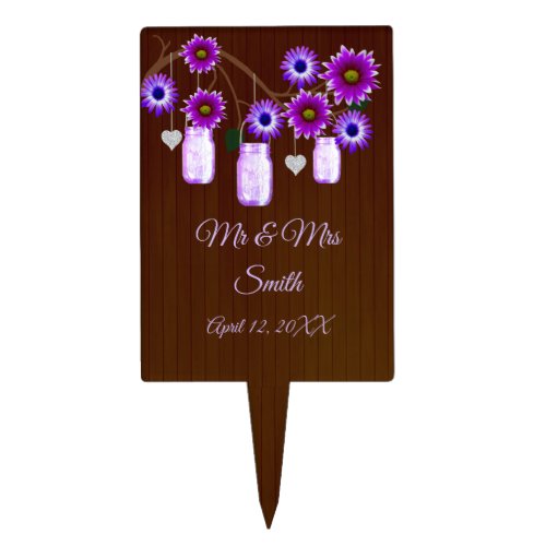 Dark Rustic Purple Floral Mason Jars Wedding Cake Topper