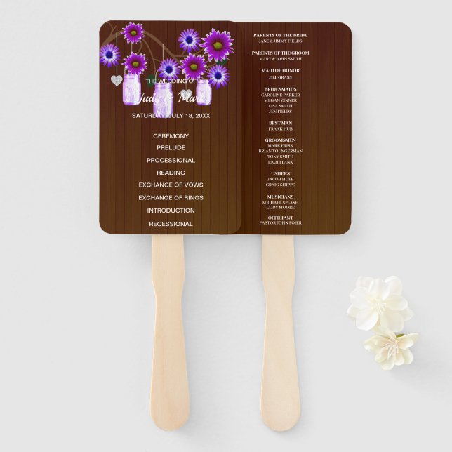 Dark Rustic Purple Floral Mason Jars Wedding Hand Fan (Front and Back)