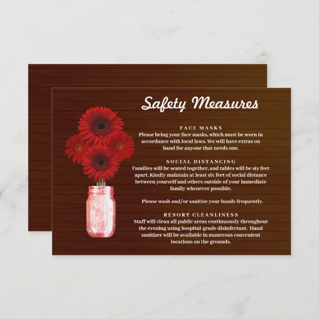 Dark Rustic Red Floral Mason Jar Safety Measures Enclosure Card (Front/Back)