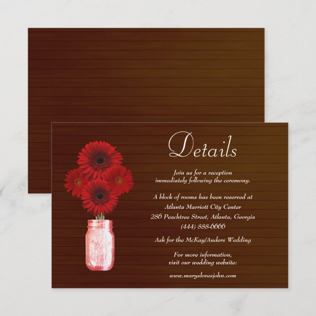 Dark Rustic Red Floral Mason Jar Wedding Details Enclosure Card (Front/Back)