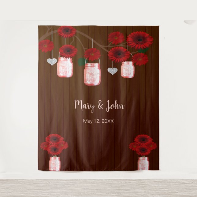 Dark Rustic Red Floral Mason Jars Photo Backdrop (Front)