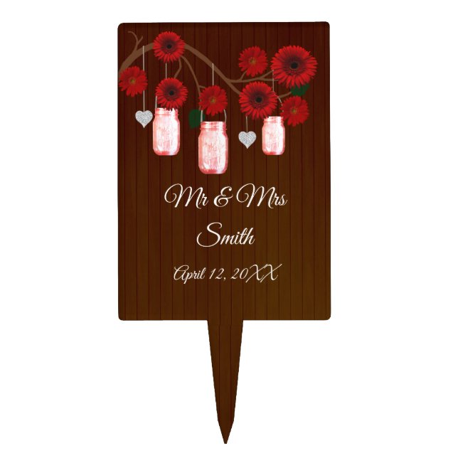 Dark Rustic Red Floral Mason Jars Wedding Cake Topper (Front)