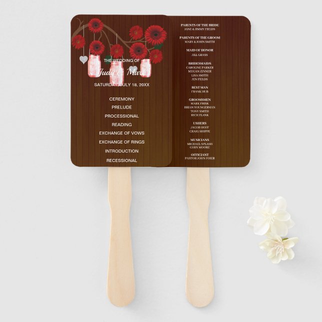 Dark Rustic Red Floral Mason Jars Wedding Hand Fan (Front and Back)