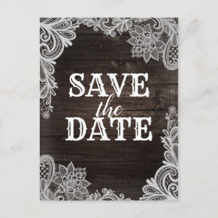 Dark Rustic Wood & Elegant Lace Save The Date Announcement Postcard
