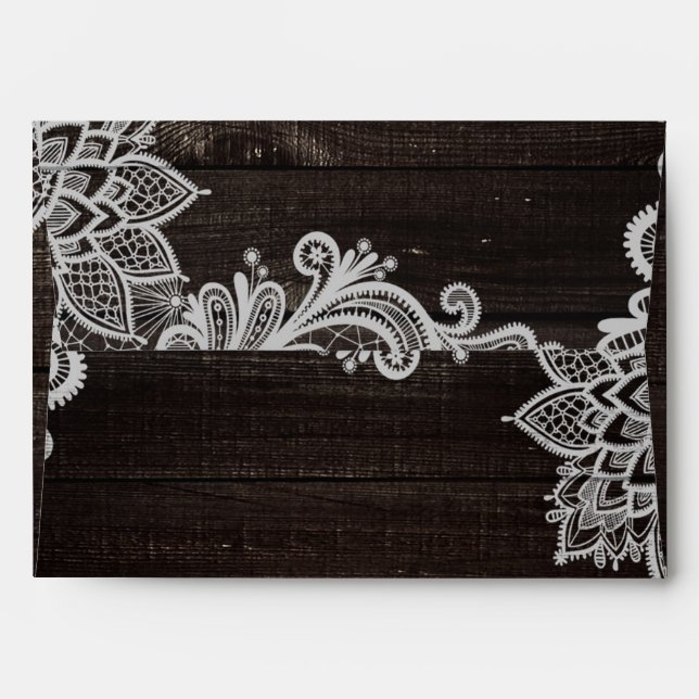 Dark Rustic Wood & Elegant Lace Wedding Envelope (Back (Top Flap))