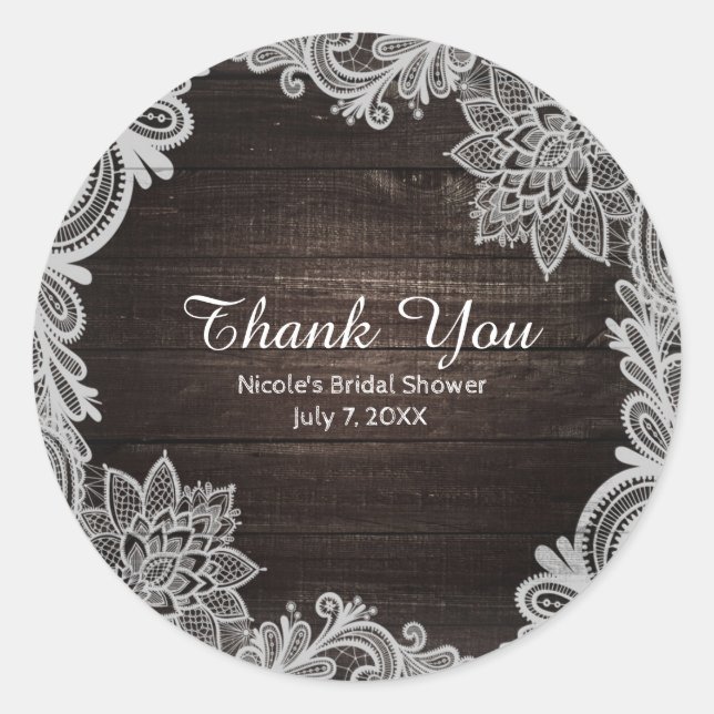 Dark Rustic Wood & Elegant Lace Wedding Favor Classic Round Sticker (Front)
