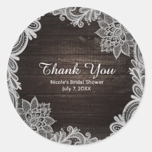 Dark Rustic Wood & Elegant Lace Wedding Favor Classic Round Sticker