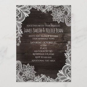 Dark Rustic Wood & Elegant Lace Wedding Invitation