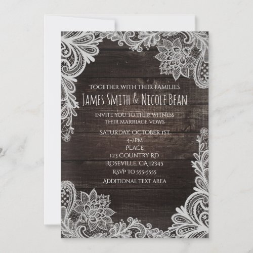 Dark Rustic Wood  Elegant Lace Wedding Invitation