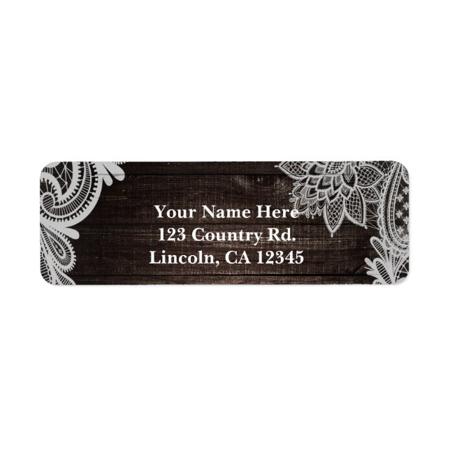 Dark Rustic Wood & Elegant Lace Wedding Label (Front)