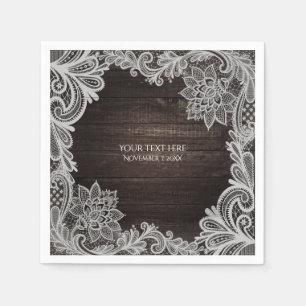 Dark Rustic Wood & Elegant Lace Wedding Paper Napkins