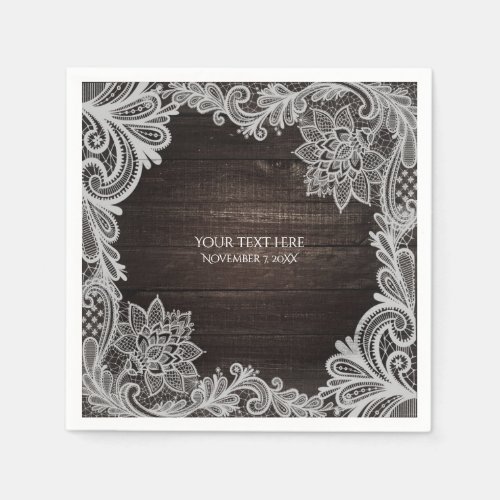 Dark Rustic Wood  Elegant Lace Wedding Paper Napkins