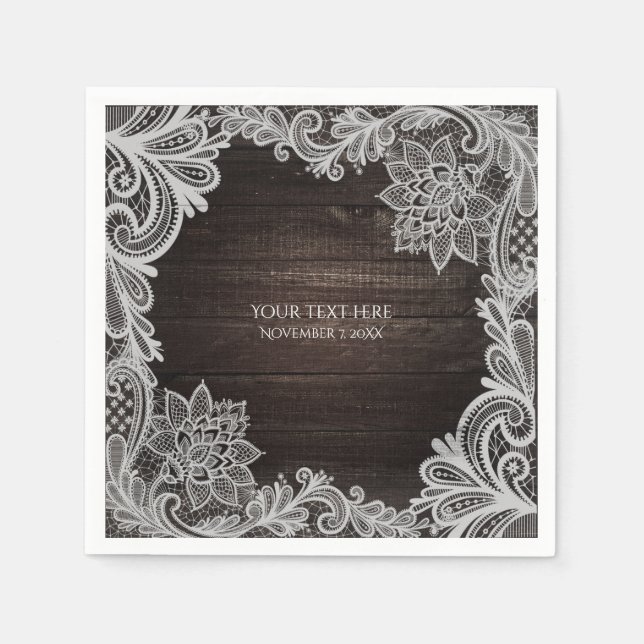 Dark Rustic Wood & Elegant Lace Wedding Paper Napkins (Front)
