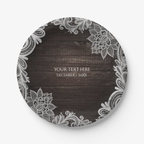 Dark Rustic Wood  Elegant Lace Wedding Paper Plates
