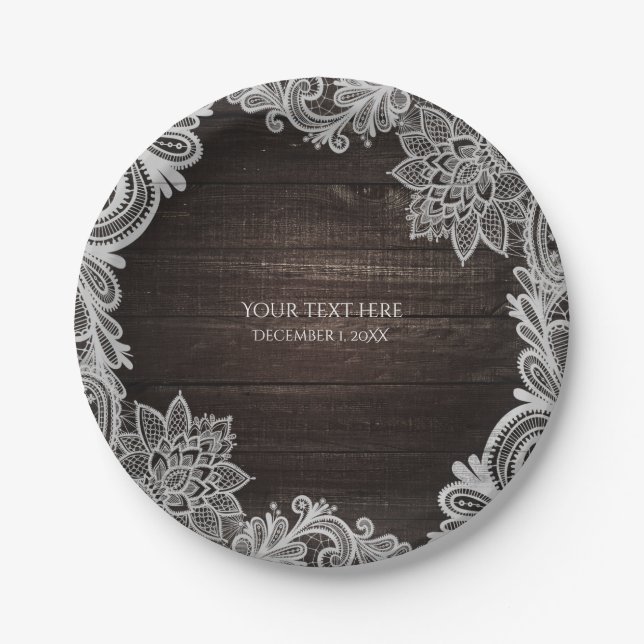 Dark Rustic Wood & Elegant Lace Wedding Paper Plates (Front)
