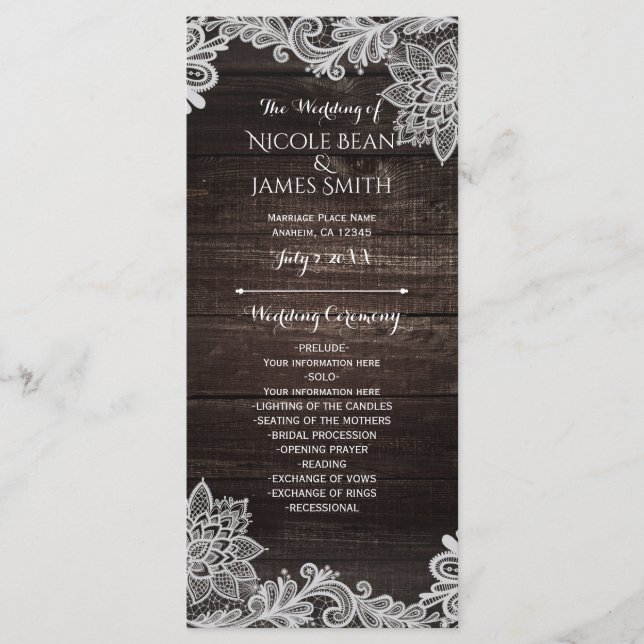 Dark Rustic Wood & Lace Wedding Program Rack Card (Front)
