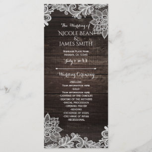 Dark Rustic Wood & Lace Wedding Program Rack Card